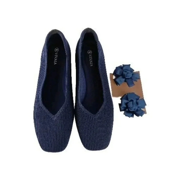 Vivaia Women's Square Toe V-Cut Sz 10 EUR 41. 5  Lole Navy Knit Margot 2.0 Flats - Picture 2 of 8
